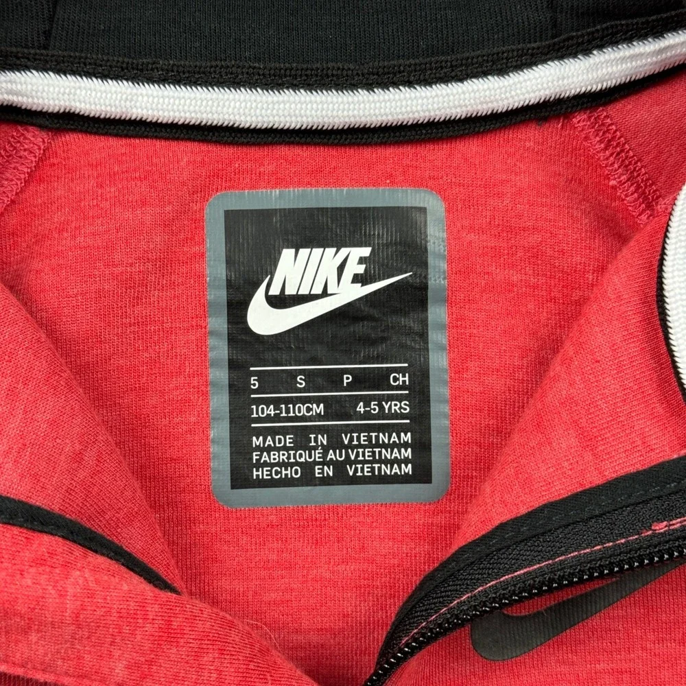 Nike Tech Fleece Kids 5 S 4-5 YRS Full Zip Hoodie Red Black Sportswear Athletic